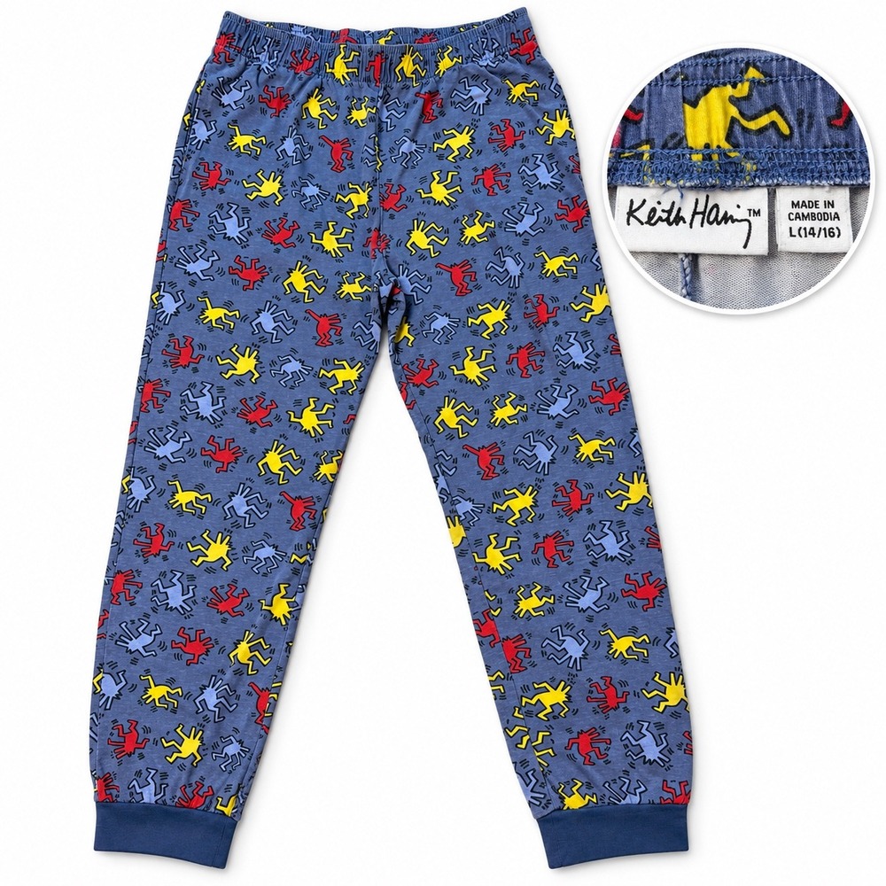 Keith Haring Boys Blue Dancing Man Print Pajama Pants Joggers Size L 14/16
